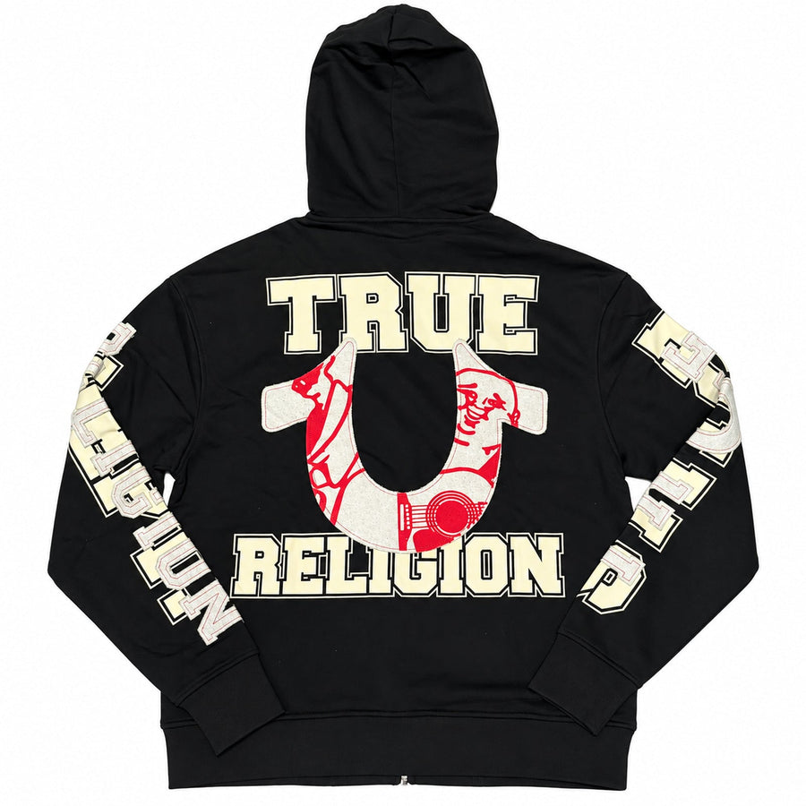 Polerón True Religion negro con cierre y letras en mangas — vista posterior