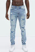 Jeans Fashion Nova azul claro rasgado con parches para hombre, vista frontal
