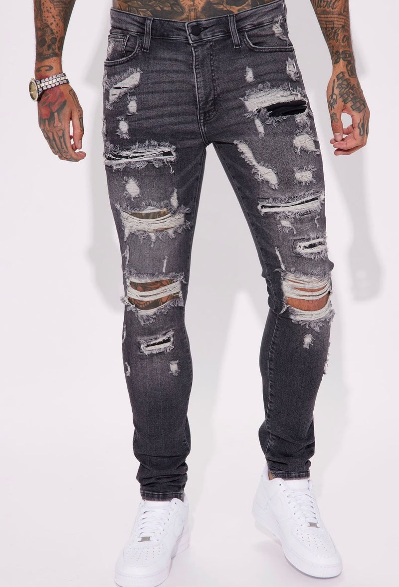 Jeans Fashion Nova gris destroyed para hombre, vista frontal