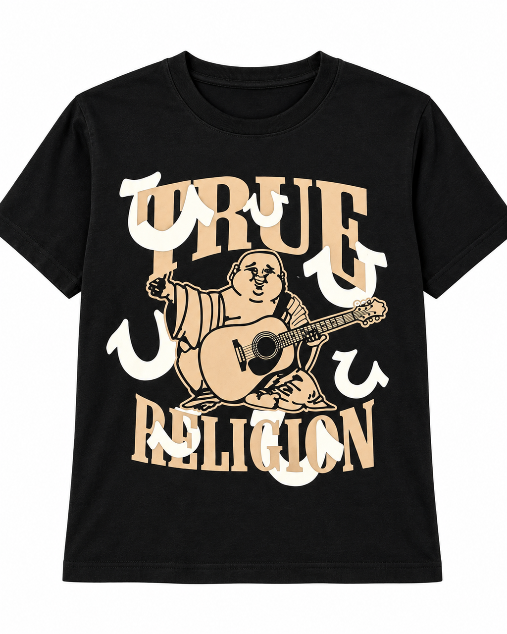 Detalle estampado Polera True Religion Buddha Guitar negra