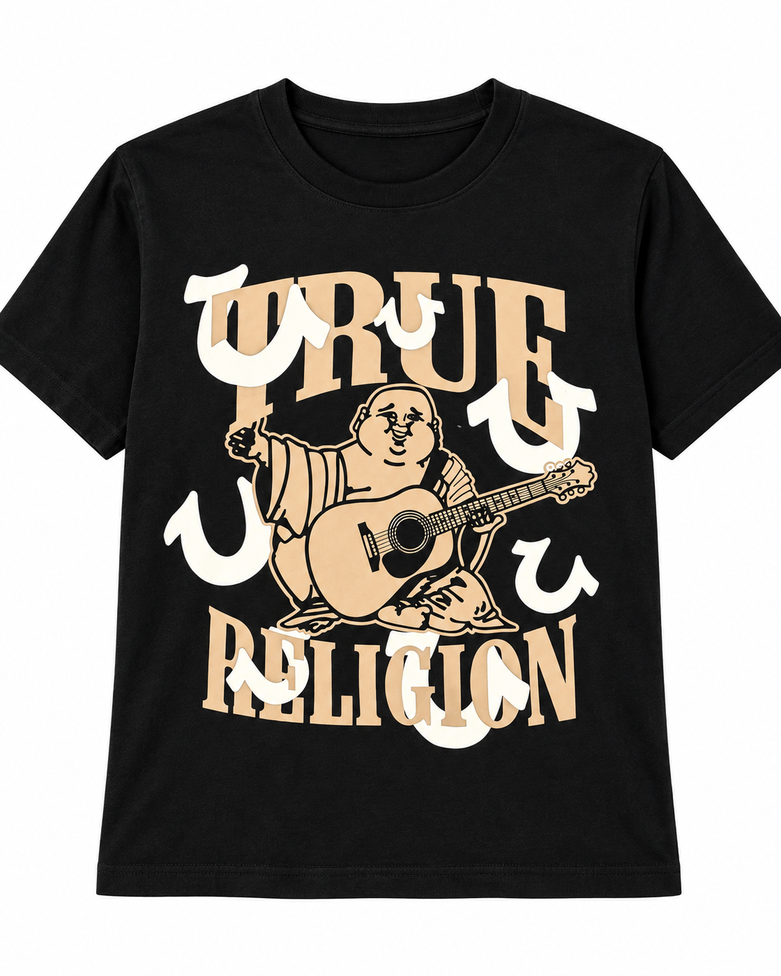 Detalle estampado Polera True Religion Buddha Guitar negra