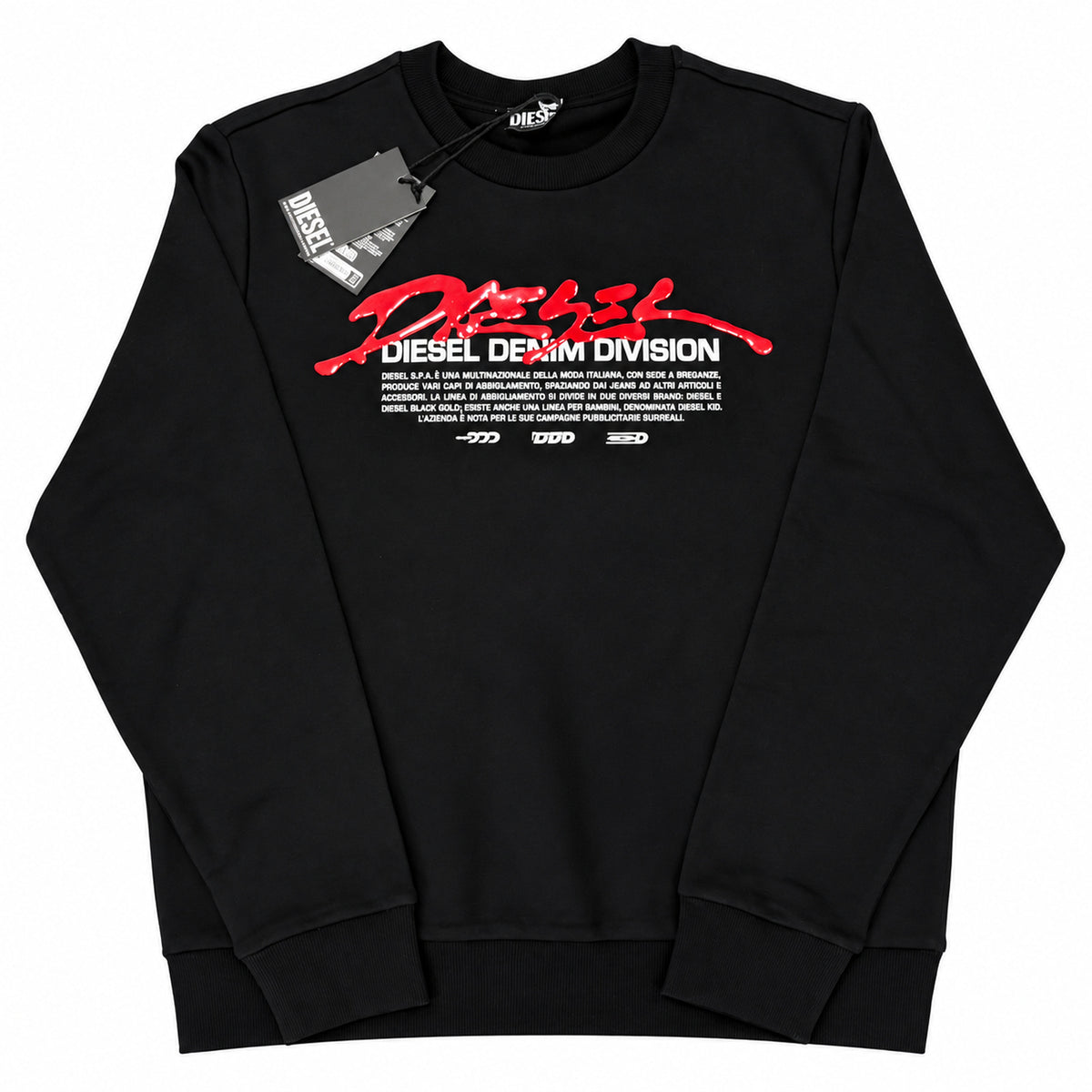 Polerón Diesel negro con estampado rojo y blanco — vista frontal