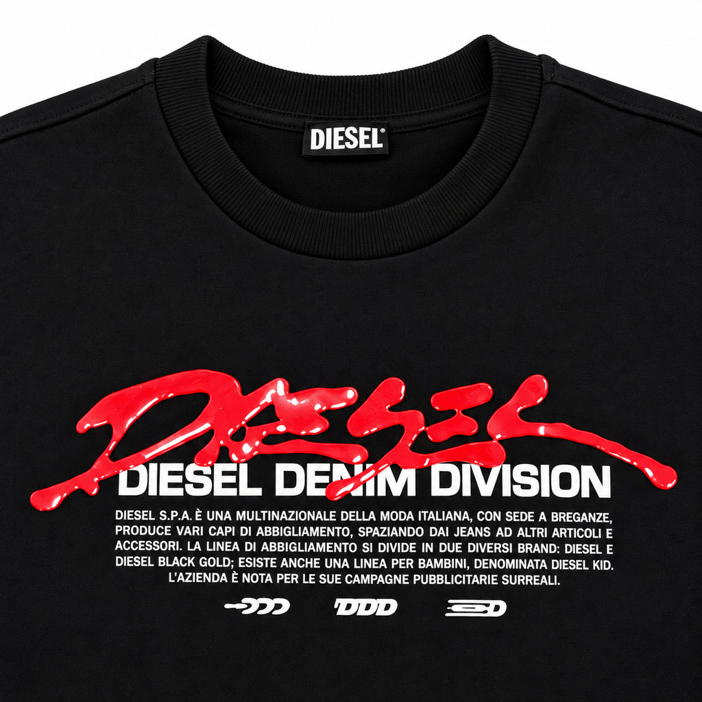 Polerón Diesel negro con estampado rojo y blanco — detalle: estampado frontal