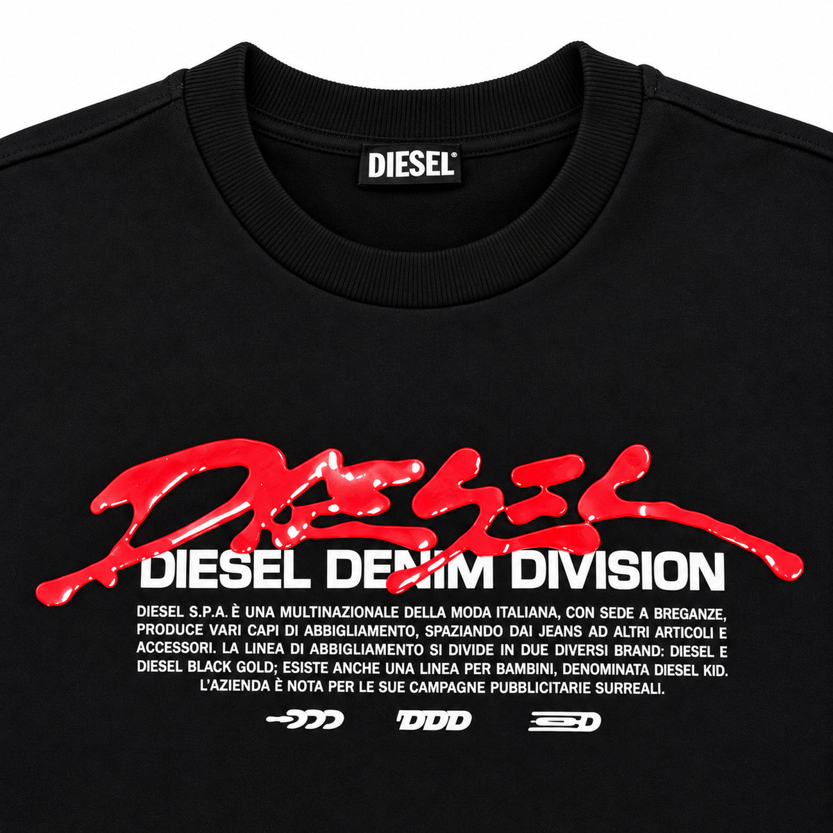 Polerón Diesel negro con estampado rojo y blanco — detalle: estampado frontal