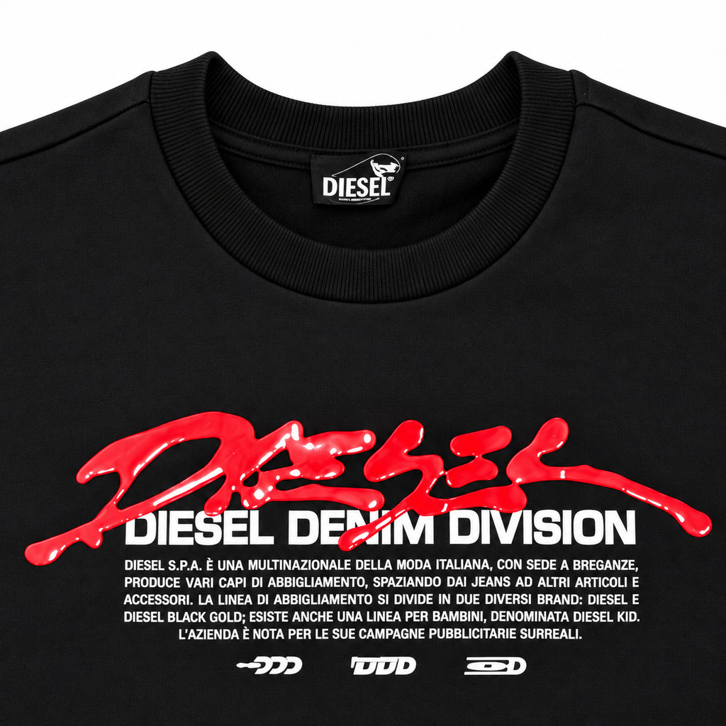 Polerón Diesel negro con estampado rojo y blanco — detalle: etiqueta del cuello