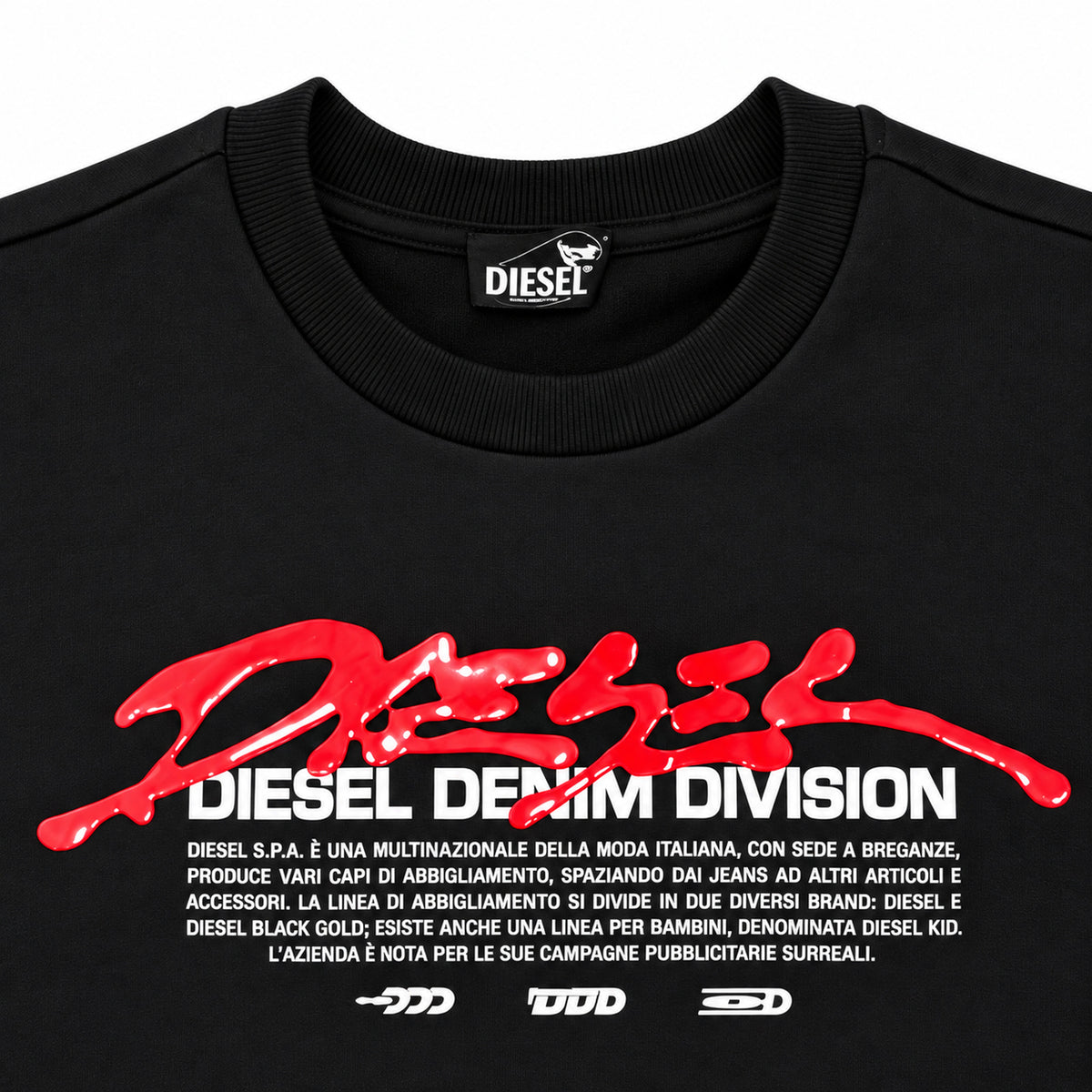 Polerón Diesel negro con estampado rojo y blanco — detalle: etiqueta del cuello
