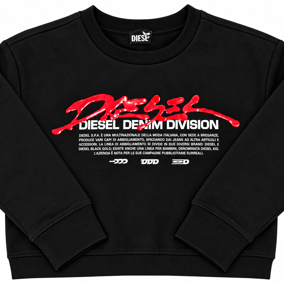 Polerón Diesel negro con estampado rojo y blanco — detalle: puños