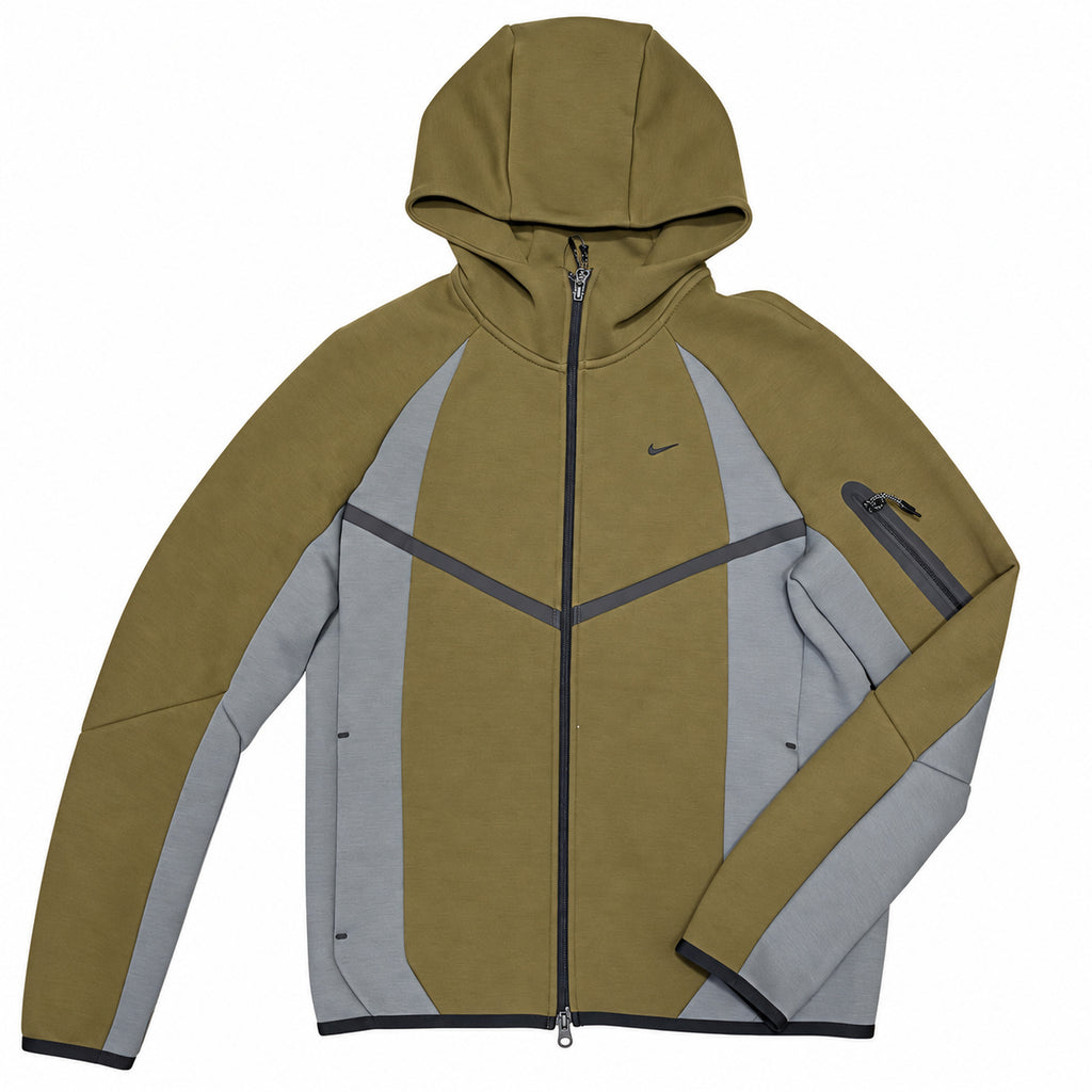 Polerón Nike Tech oliva y gris con cierre — vista frontal