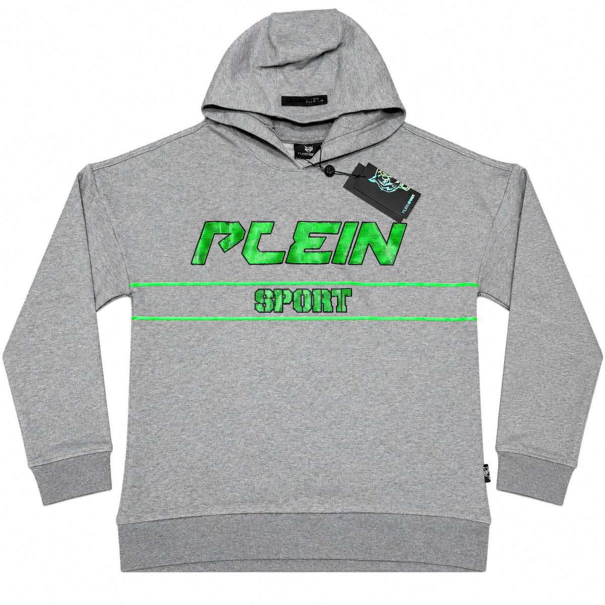 Polerón Plein Sport gris con gorro y letras verdes — vista frontal