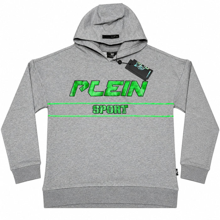 Polerón Plein Sport gris con gorro y letras verdes — vista frontal