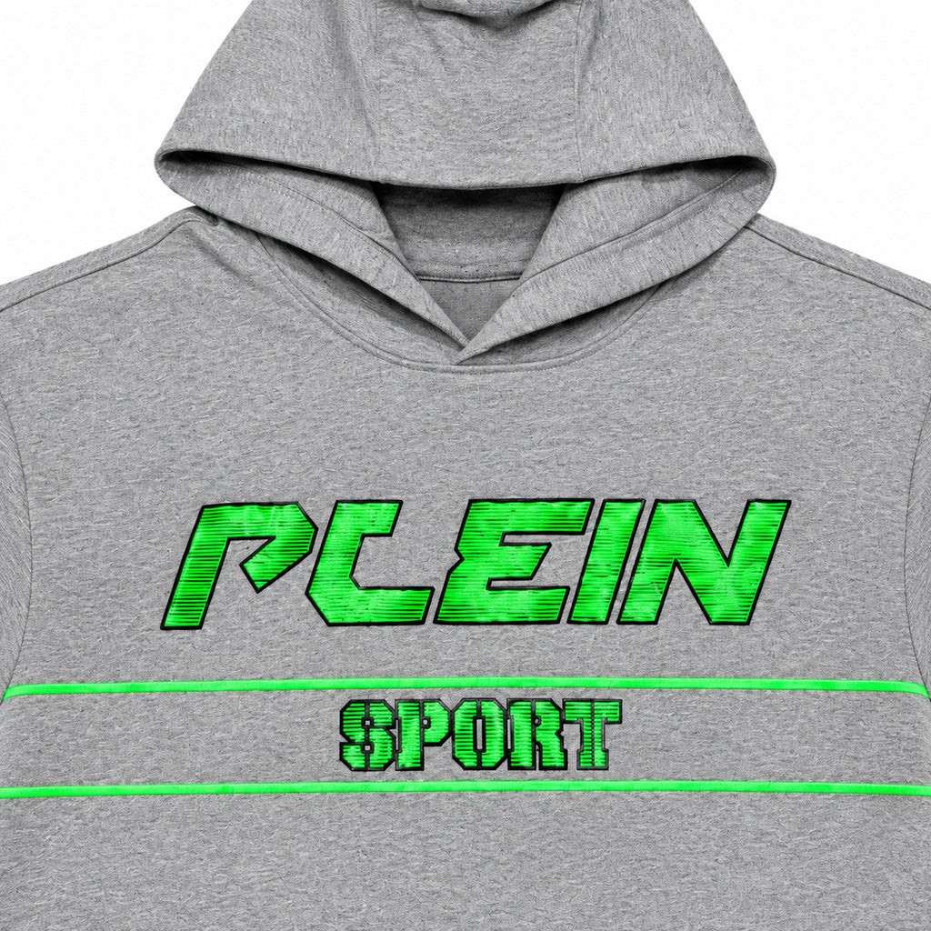 Polerón Plein Sport gris con gorro y letras verdes — detalle: estampado frontal
