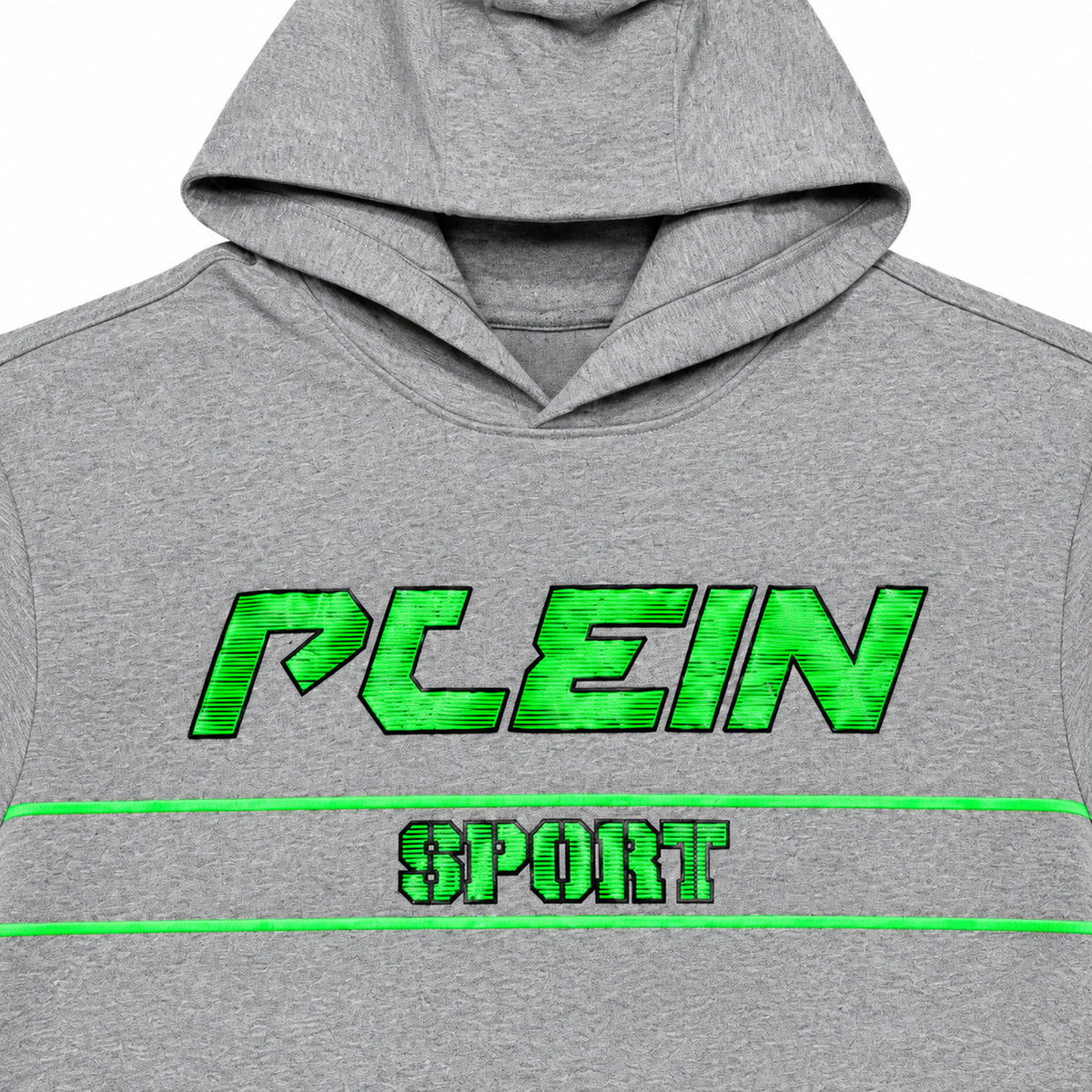 Polerón Plein Sport gris con gorro y letras verdes — detalle: estampado frontal