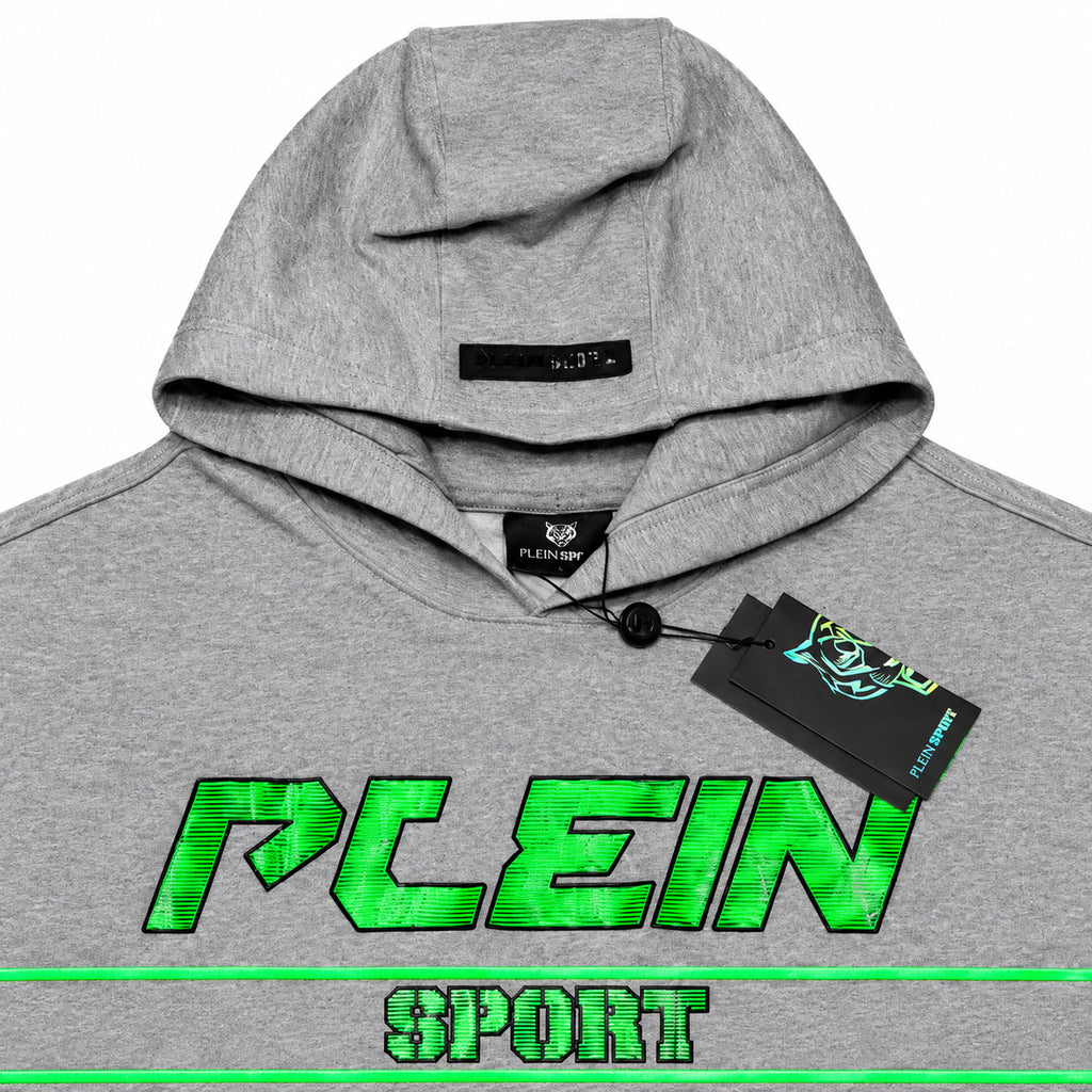 Polerón Plein Sport gris con gorro y letras verdes — detalle: capucha