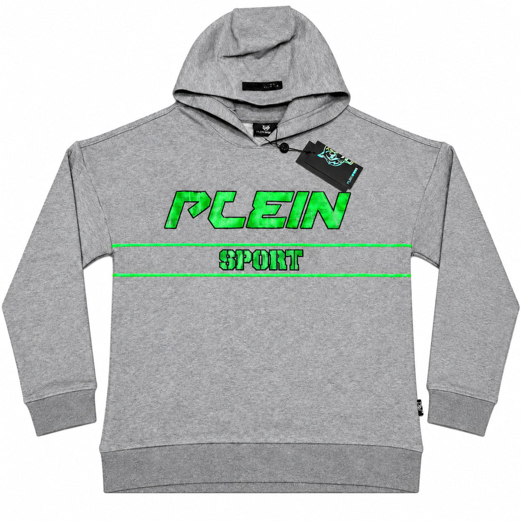 Polerón Plein Sport gris con gorro y letras verdes — detalle: puños