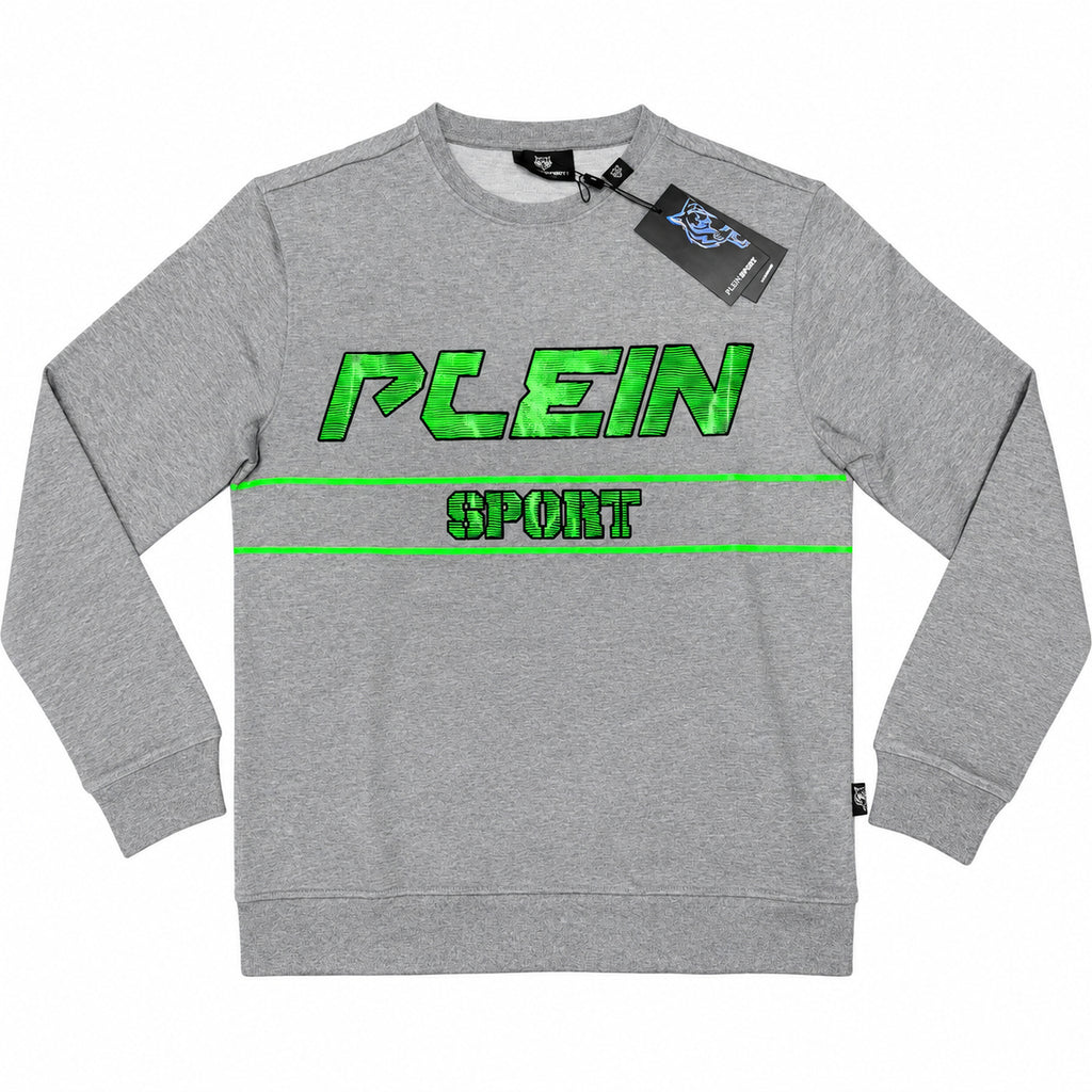 Polerón Plein Sport gris sin gorro y letras verdes — vista frontal