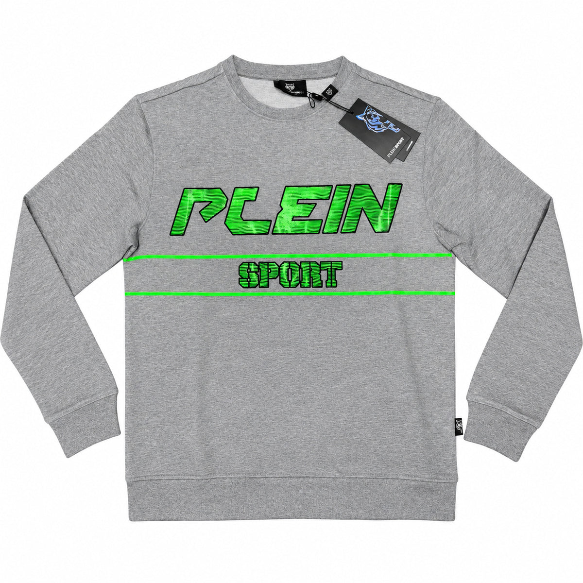 Polerón Plein Sport gris sin gorro y letras verdes — vista frontal