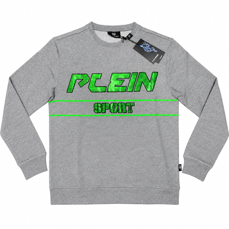 Polerón Plein Sport gris sin gorro y letras verdes — vista frontal