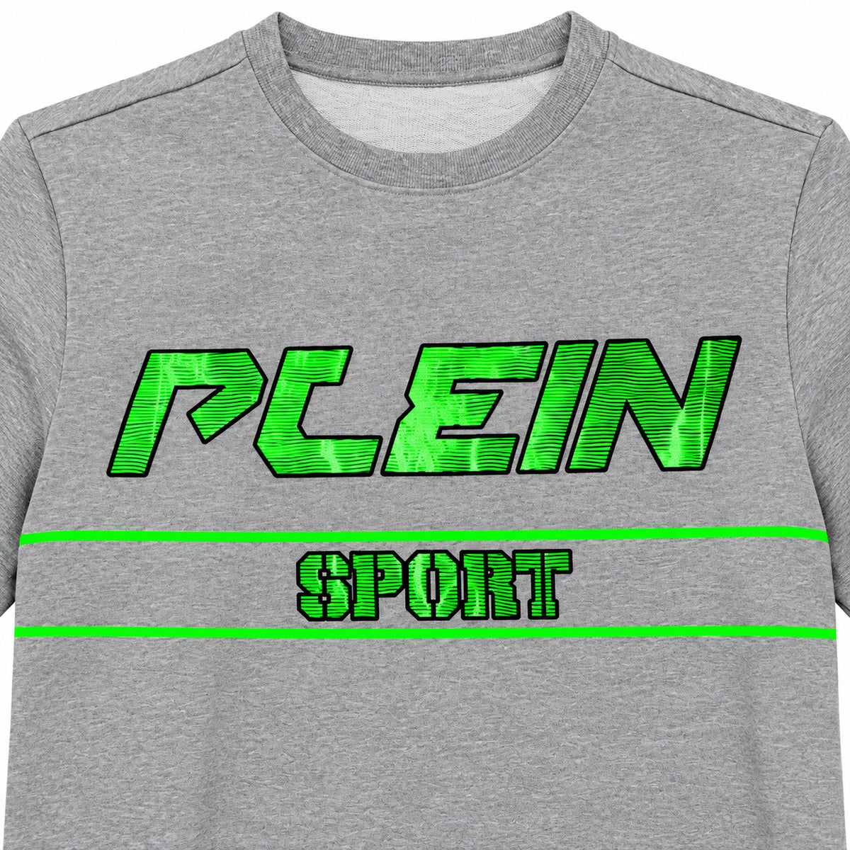 Polerón Plein Sport gris sin gorro y letras verdes — detalle: estampado frontal