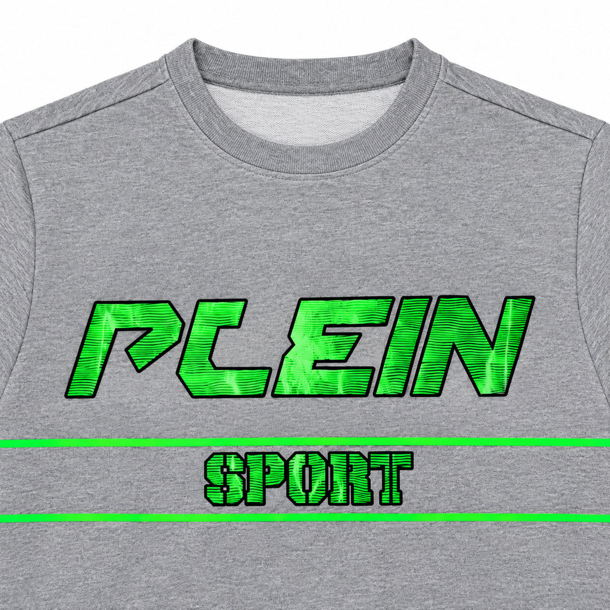 Polerón Plein Sport gris sin gorro y letras verdes — detalle: cuello