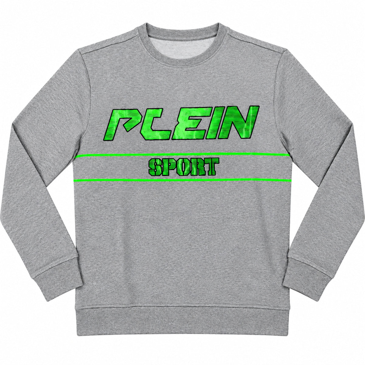 Polerón Plein Sport gris sin gorro y letras verdes — detalle: puños