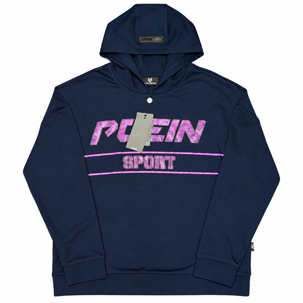 Polerón Plein Sport azul marino con letras rosadas — vista frontal