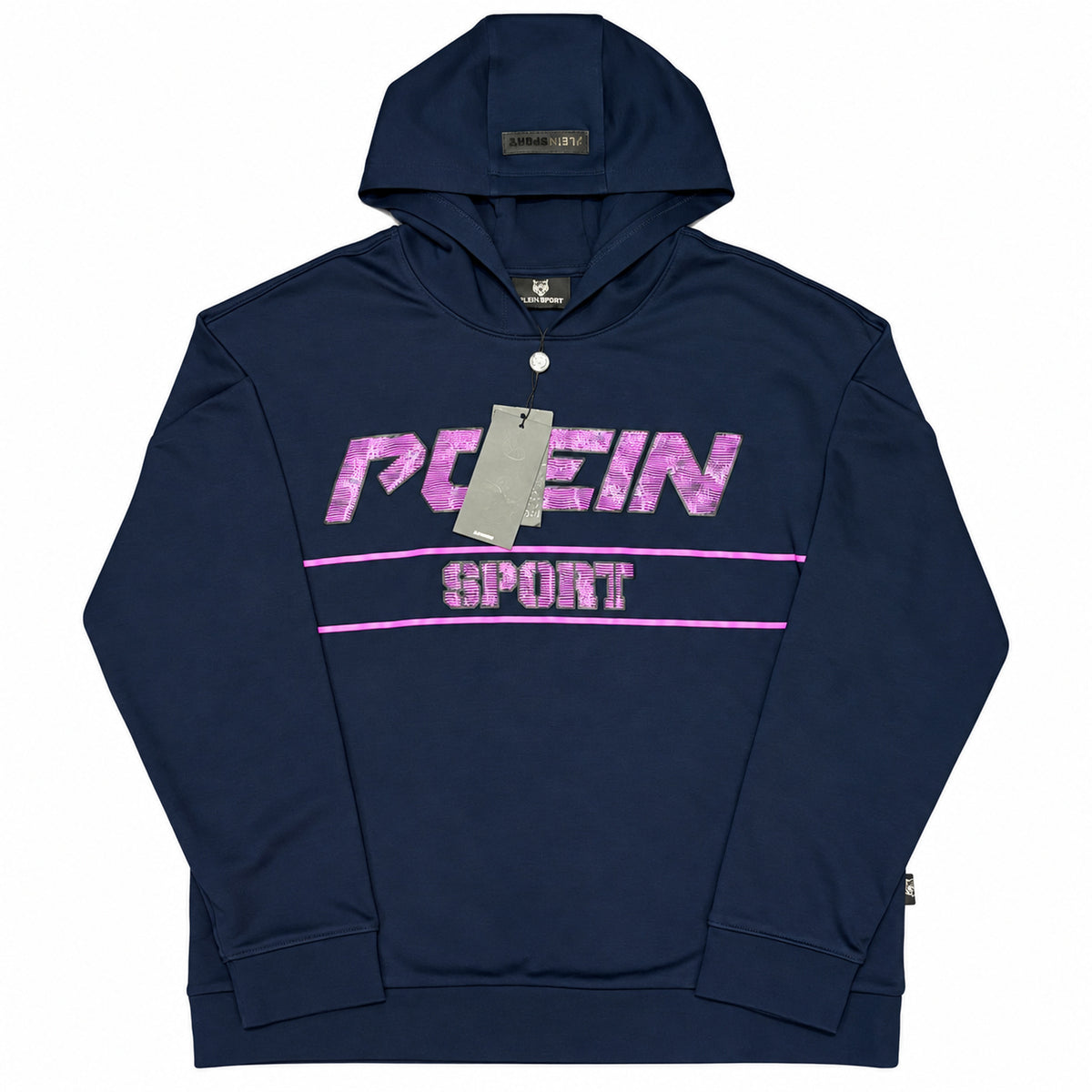 Polerón Plein Sport azul marino con letras rosadas — vista frontal