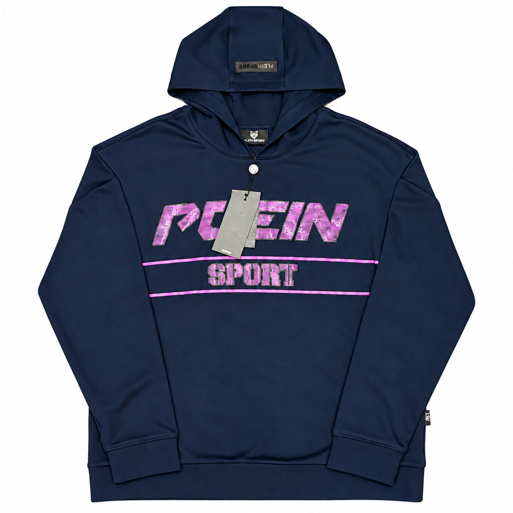 Polerón Plein Sport azul marino con letras rosadas — detalle: puños