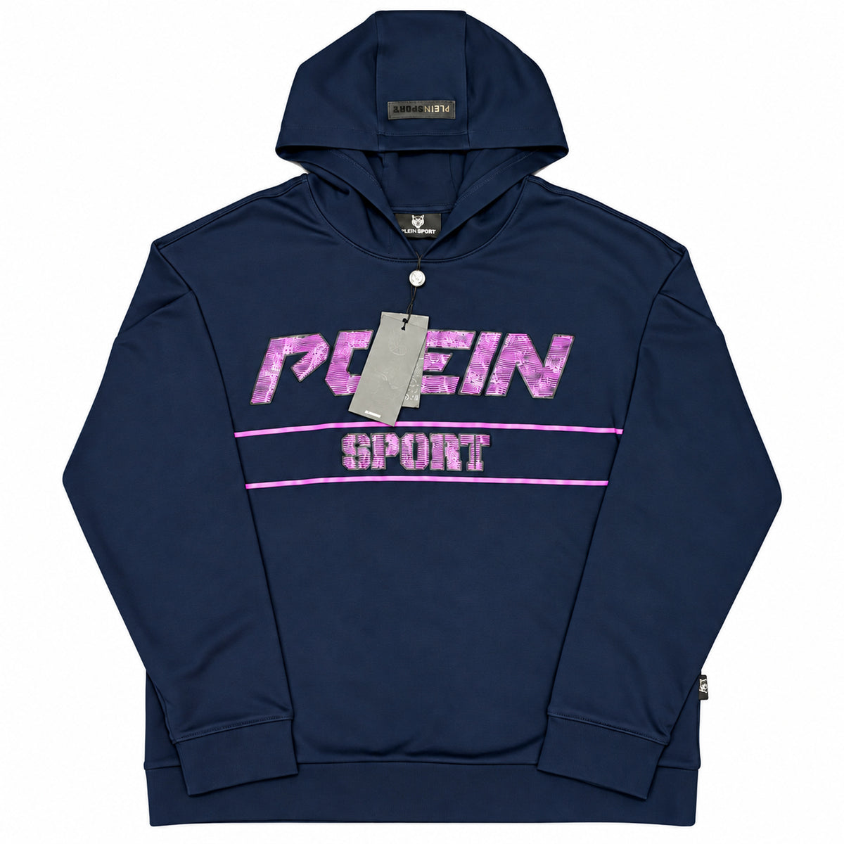 Polerón Plein Sport azul marino con letras rosadas — detalle: puños