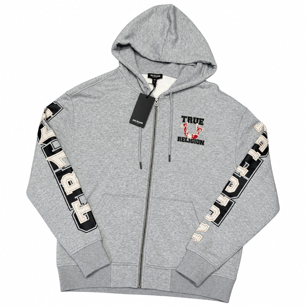 Polerón True Religion gris con letras en mangas — vista frontal