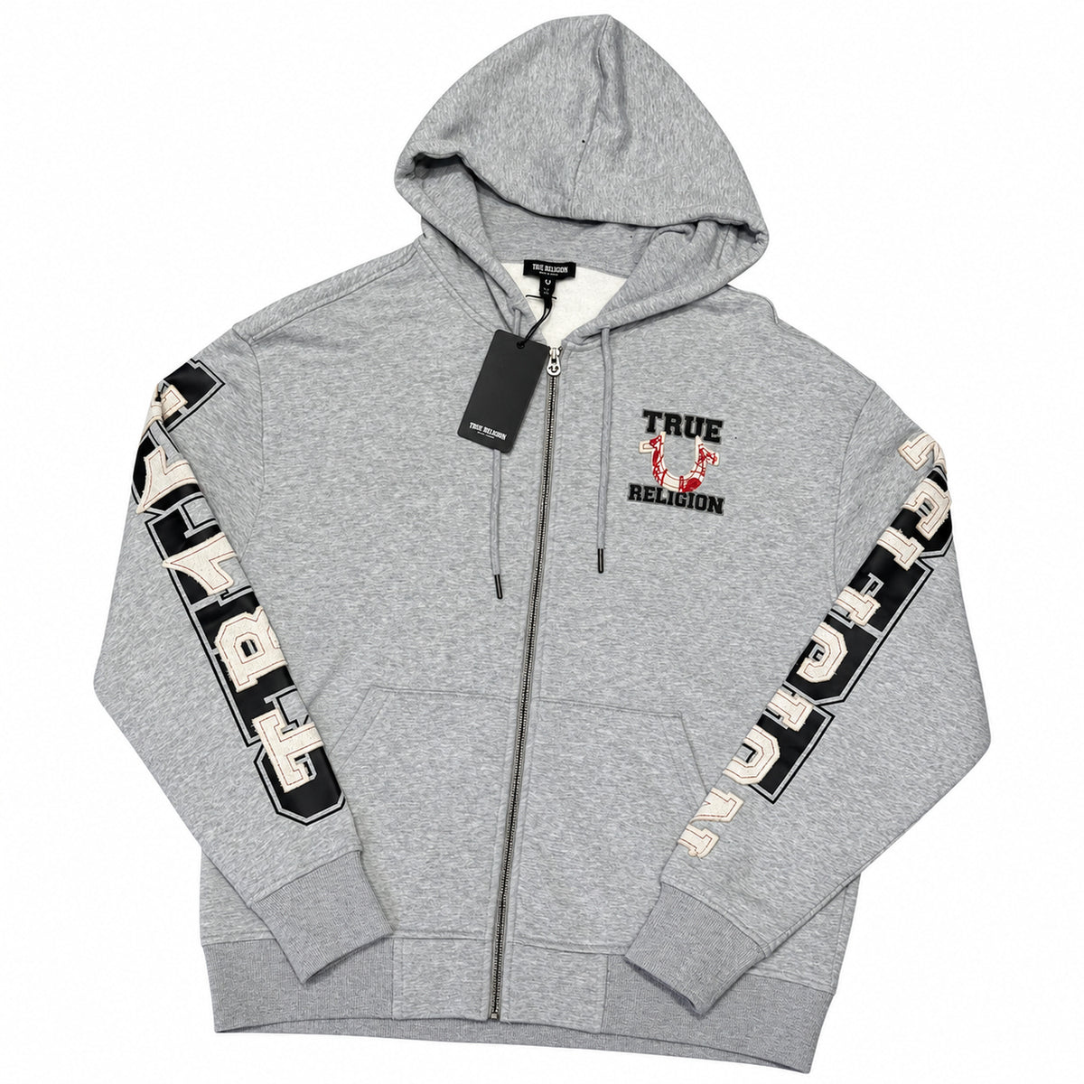 Polerón True Religion gris con letras en mangas — vista frontal