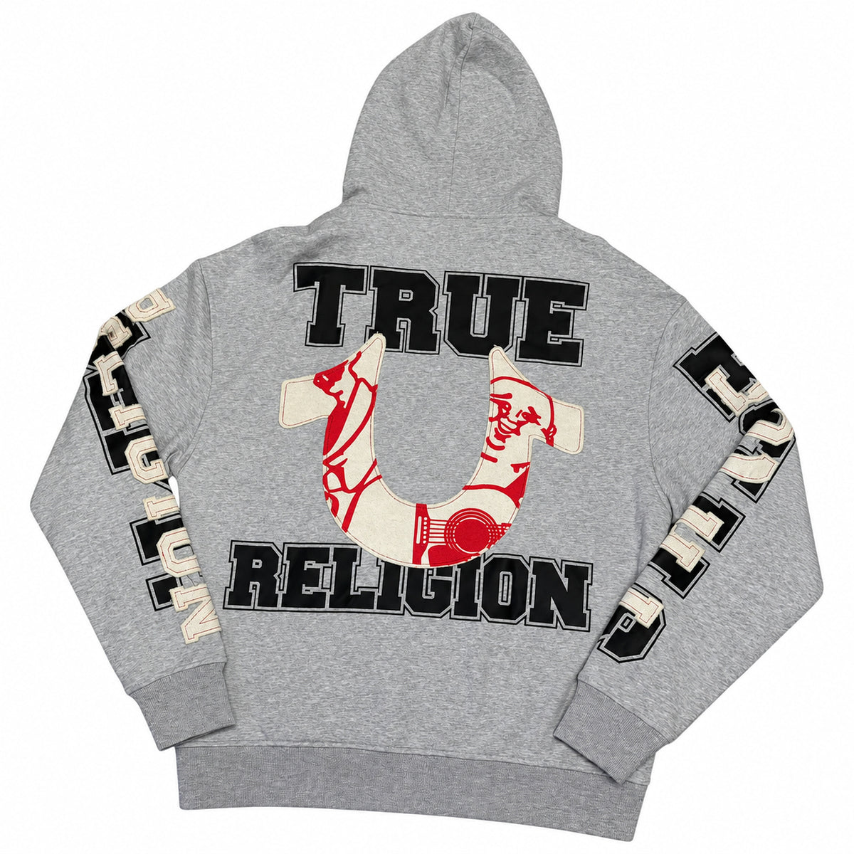 Polerón True Religion gris con letras en mangas — vista posterior