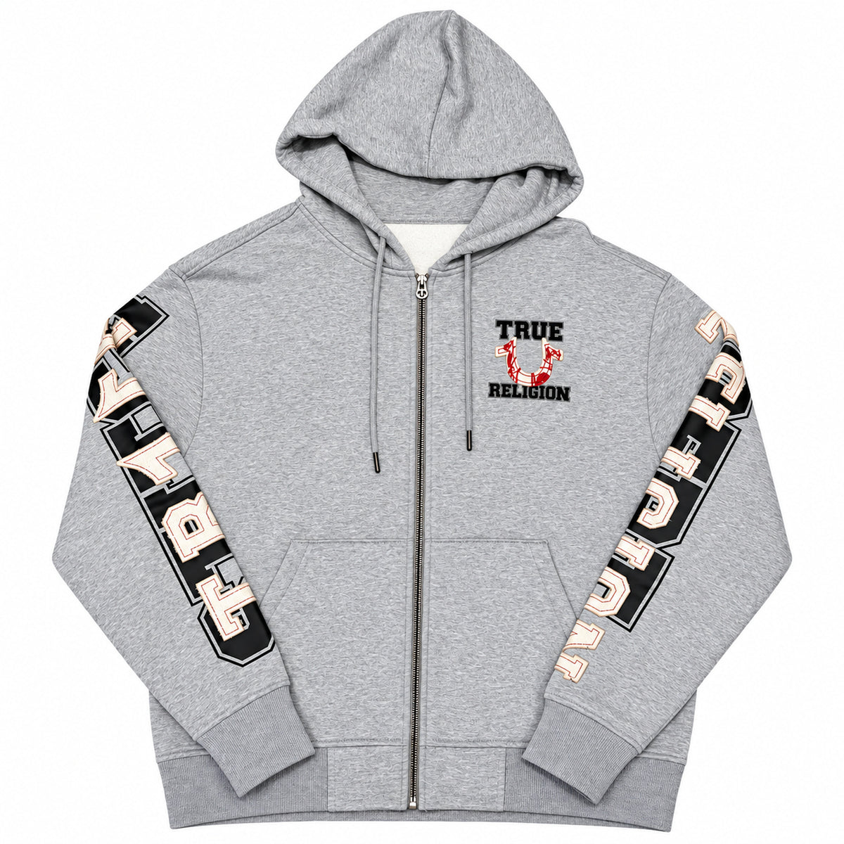 Polerón True Religion gris con letras en mangas — detalle: letras de las mangas