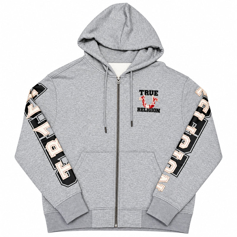 Polerón True Religion gris con letras en mangas — detalle: letras de las mangas