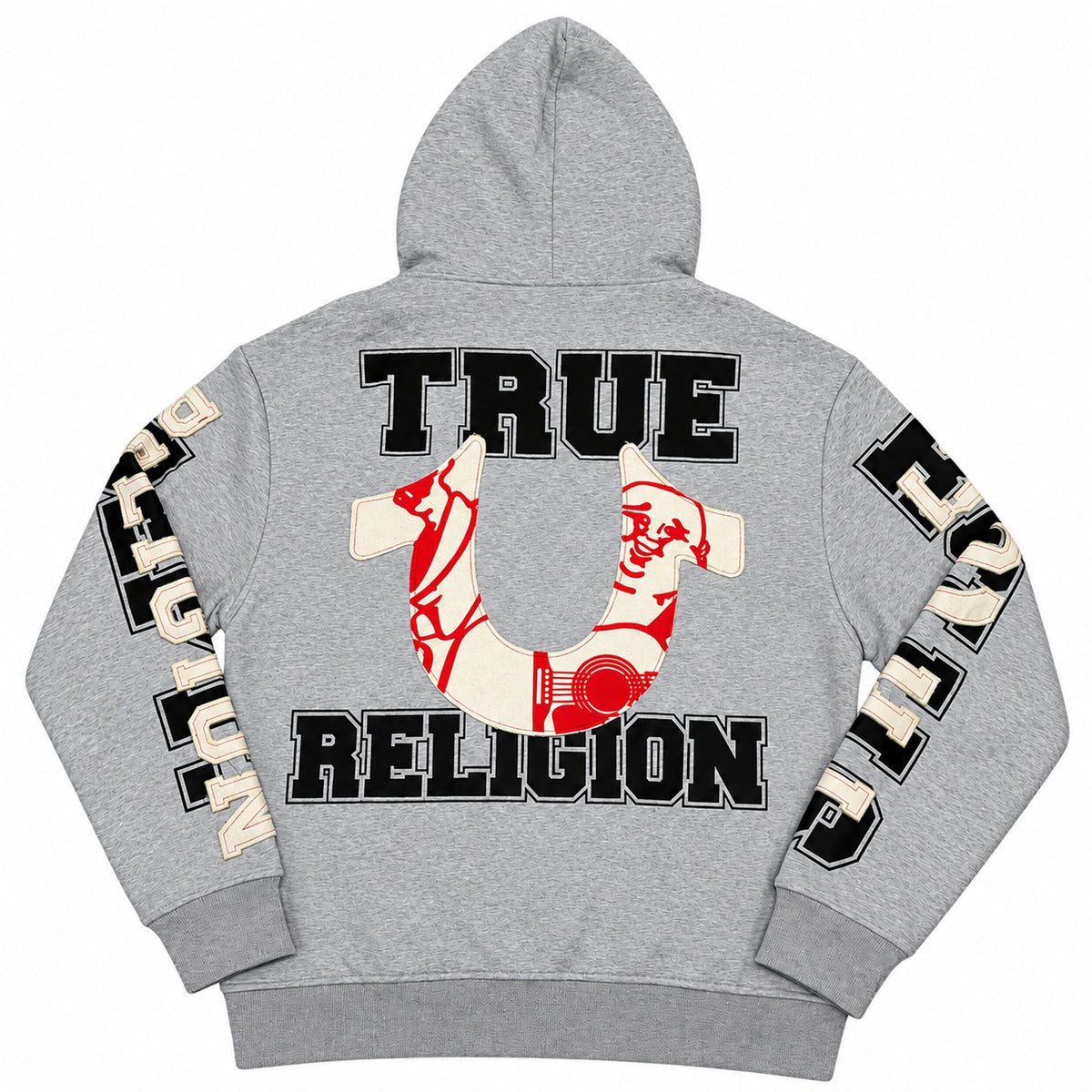 Polerón True Religion gris con letras en mangas — detalle: diseño rojo de la espalda