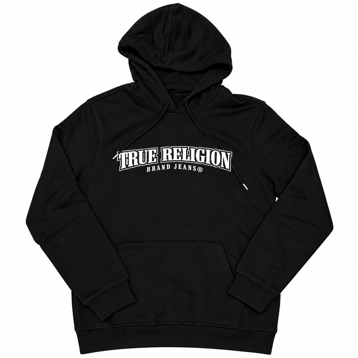 Polerón True Religion negro con letras blancas y herradura — detalle: capucha y bolsillo