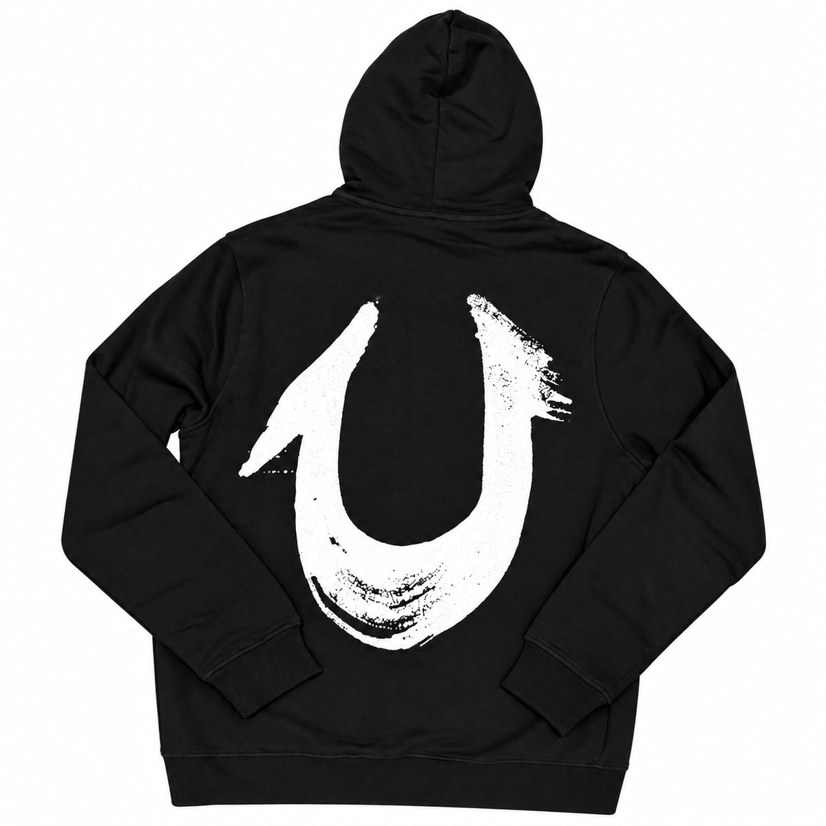 Polerón True Religion negro con letras blancas y herradura — detalle: herradura de la espalda