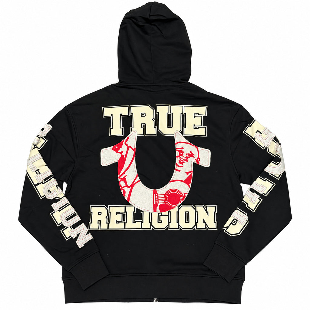 Polerón True Religion negro con cierre y letras en mangas — vista posterior