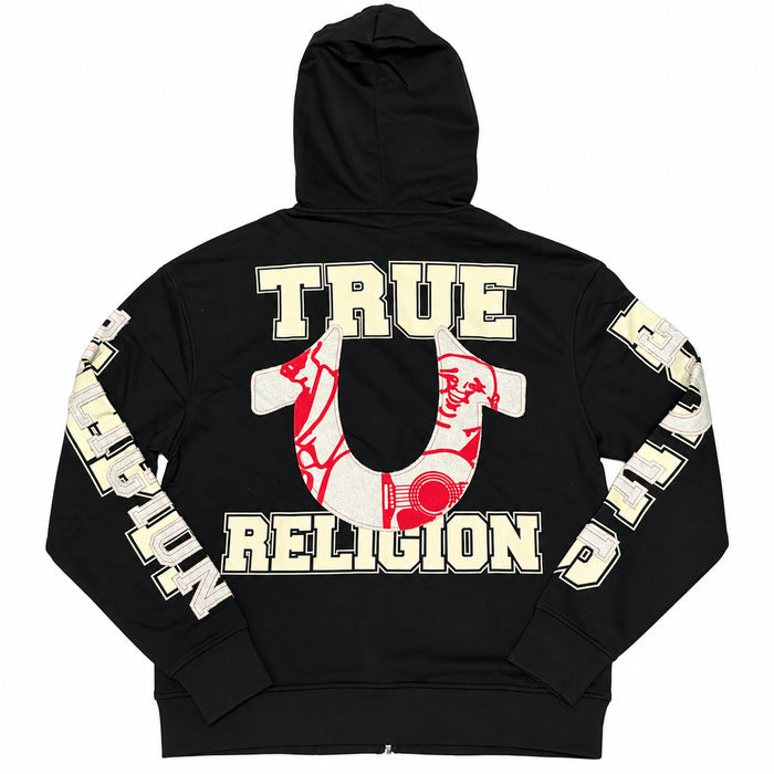 Polerón True Religion negro con cierre y letras en mangas — vista posterior