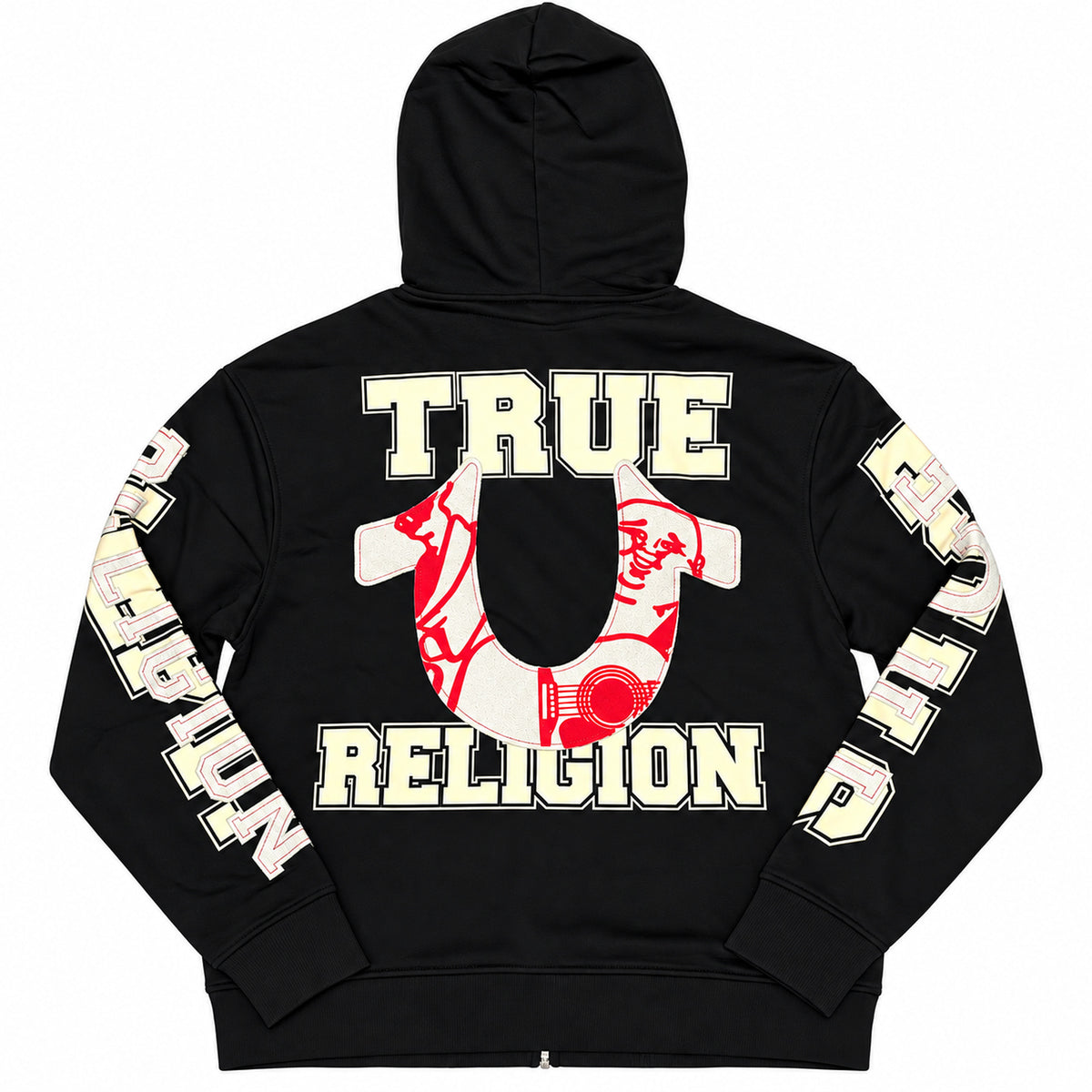 Polerón True Religion negro con cierre y letras en mangas — detalle: estampado de la espalda