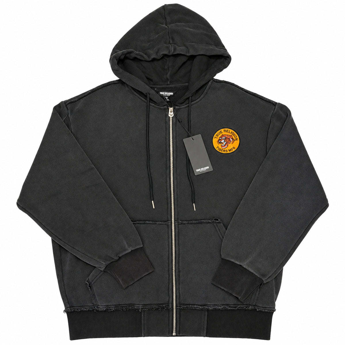 Polerón True Religion negro con tigre naranjo y cierre — vista frontal