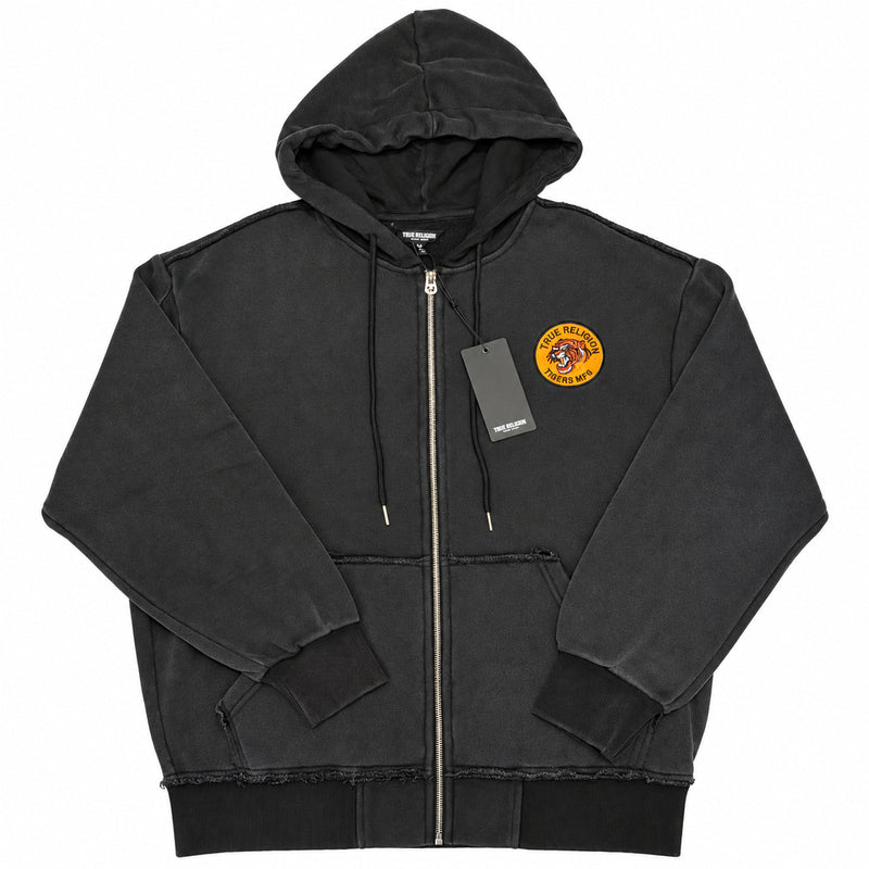 Polerón True Religion negro con tigre naranjo y cierre — vista frontal