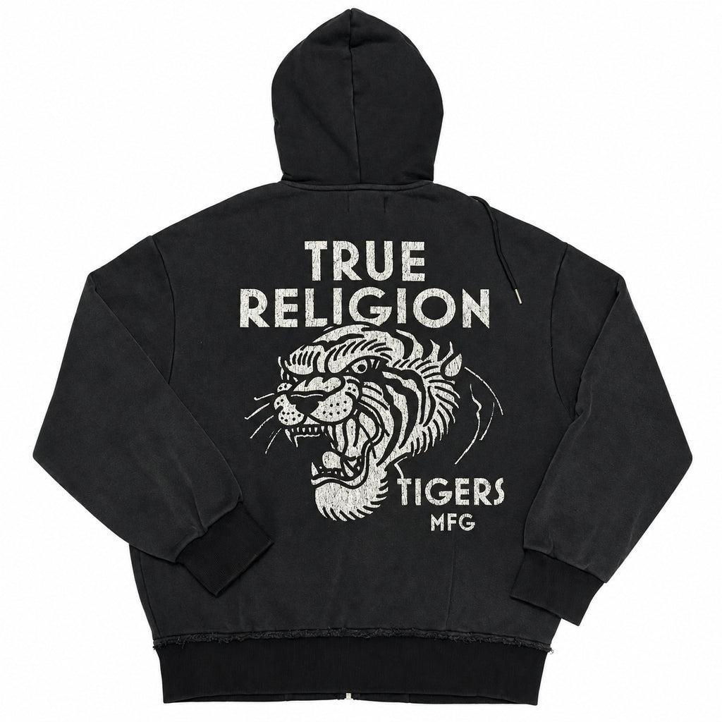 Polerón True Religion negro con tigre naranjo y cierre — vista posterior
