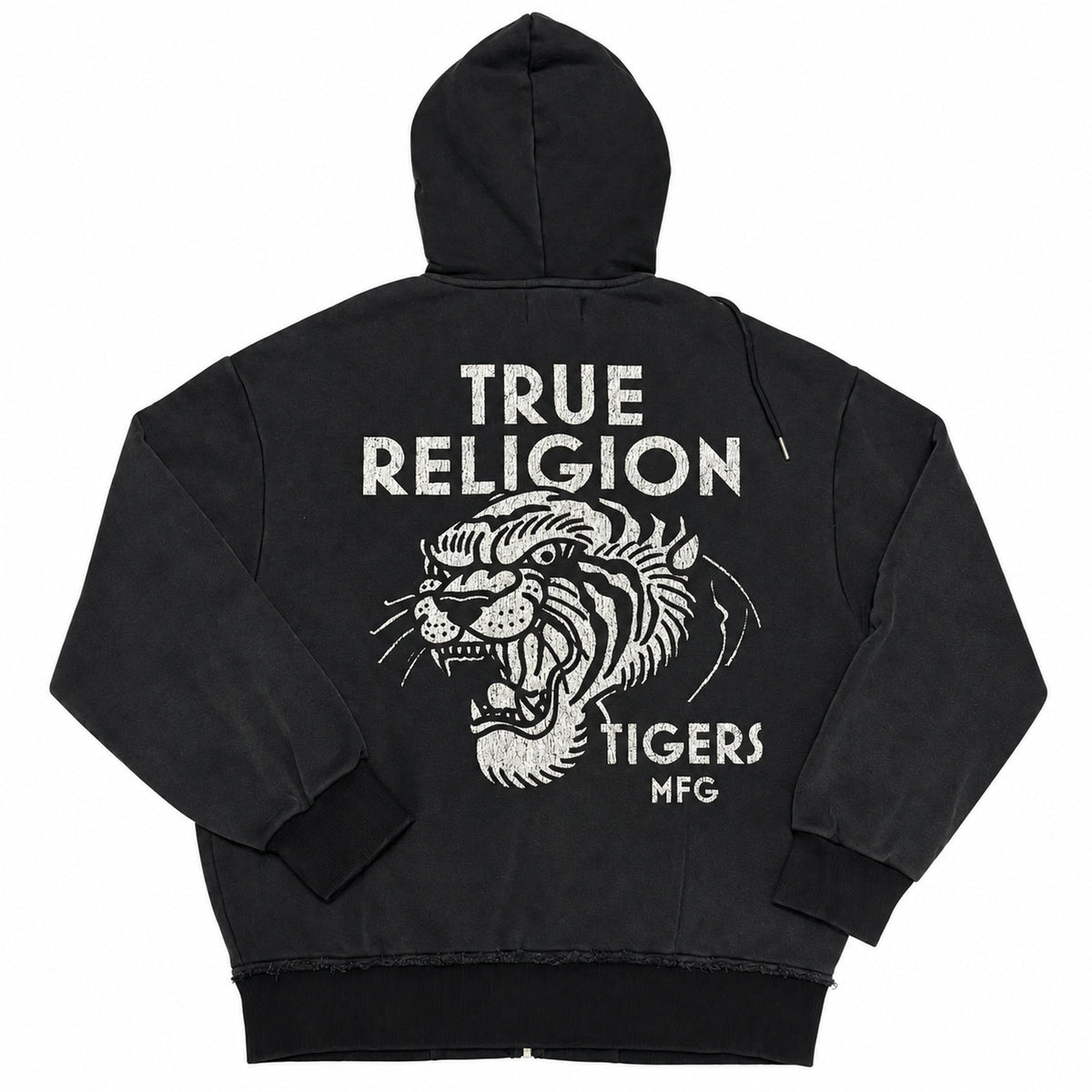 Polerón True Religion negro con tigre naranjo y cierre — vista posterior