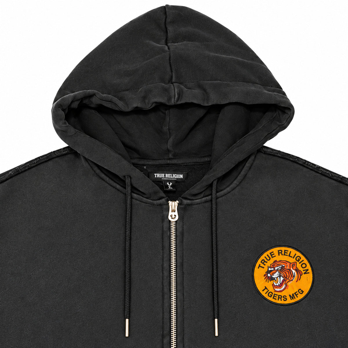 Polerón True Religion negro con tigre naranjo y cierre — detalle: cierre y capucha