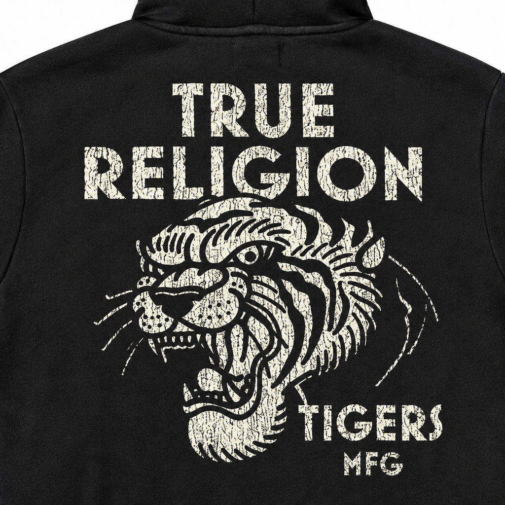 Polerón True Religion negro con tigre naranjo y cierre — detalle del estampado blanco de la espalda