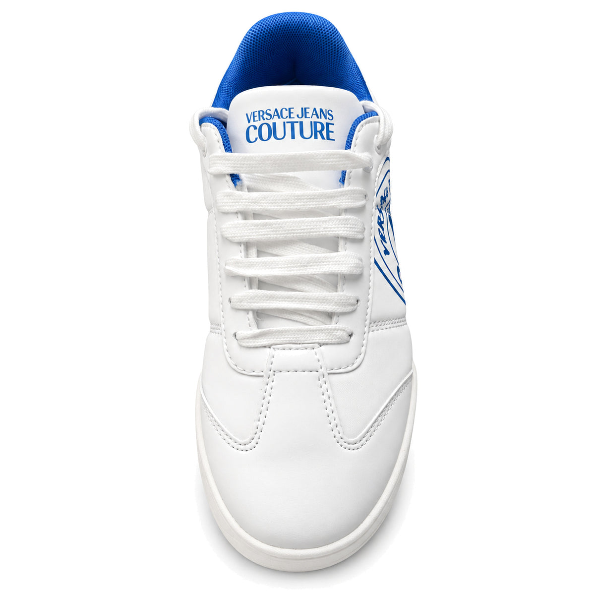 Zapatillas Versace Jeans Couture blancas con logo azul, vista frontal